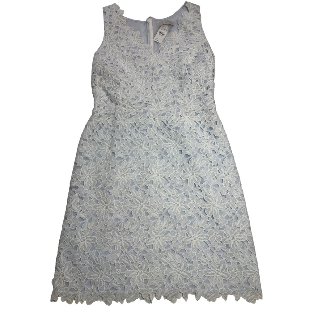 LOFT Sheath Dress Women White Blue NWT Floral Lace Scalloped V-Neck 8